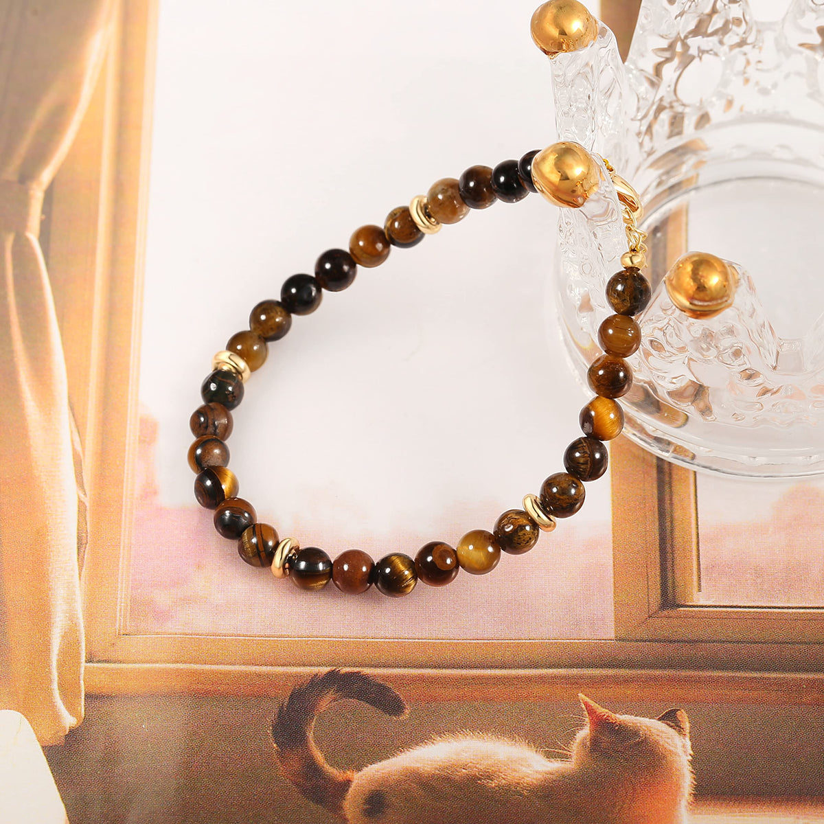 PERNNLA PEARL Tigers Eye Crystal Beaded Bracelets Handmade Anxiety Healing Bracelets for Women Dainty Eye of The Tiger Gemstone Protection Gold Bracelet 7.5”