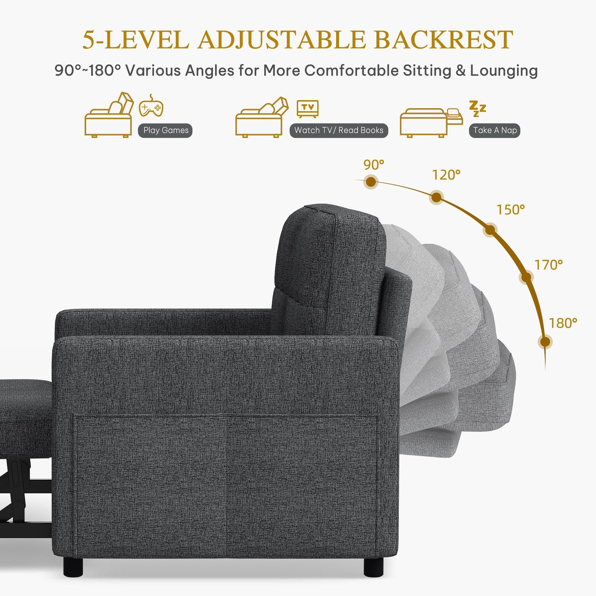 YITAHOME 55" Convertible Sofa Bed, 3-in-1 Sleeper Sofa with Iron Frame Pull-Out Bed, Linen Futon Couch with Reclining Backrest and Side Pocket, Modern Loveseat for Living Room Bedroom Apartment, Grey