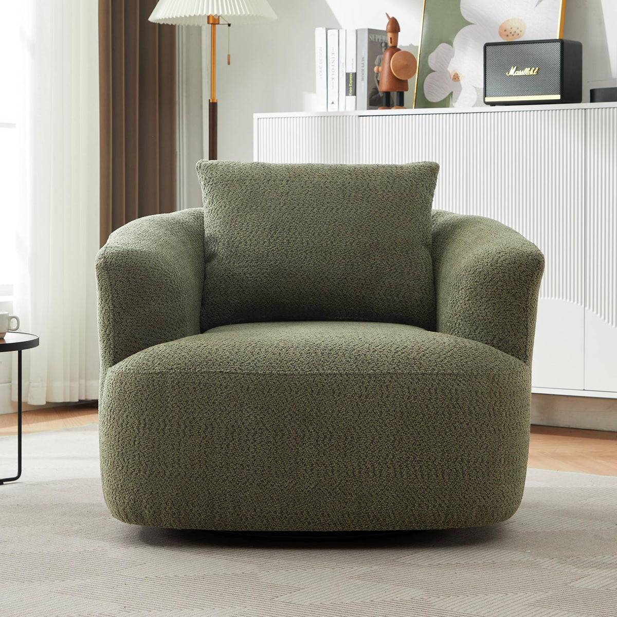 360° Swivel Accent Chair Boneless Barrel Armchair Ergonomic Upholstered Nursery Chair for Living Room Bedroom, Comfy Boucle Fabric