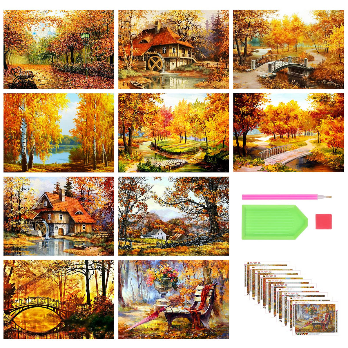 Stalente 10 Pack Diamond Painting Kits for Adults, Landscape Autumn Round Full Drill Diamond Art Kits, 5D DIY Paint with Diamonds Crafts for Home Wall Decoration Gifts 12×16 Inch