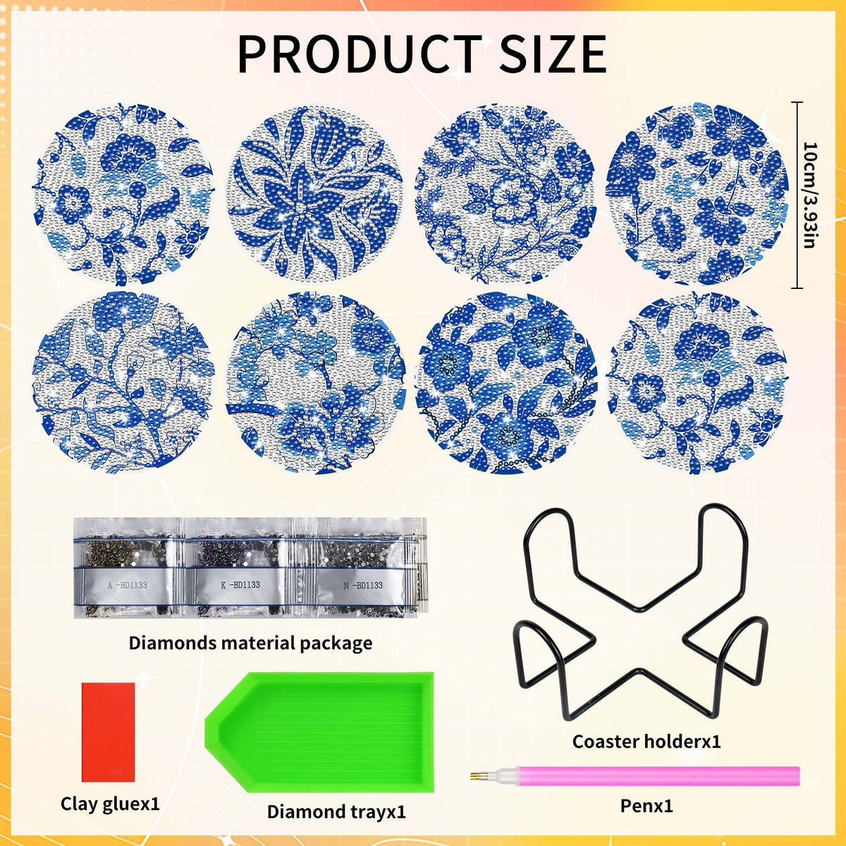 Blue Floral Diamond Art Coasters, 8pcs Blue and White Chinoiserie Floral Diamond Painting Coaster Kit, Elegant Flower Diamond Art with Holder Cork Pads, DIY Craft for Adults Beginners Home Decor Gifts