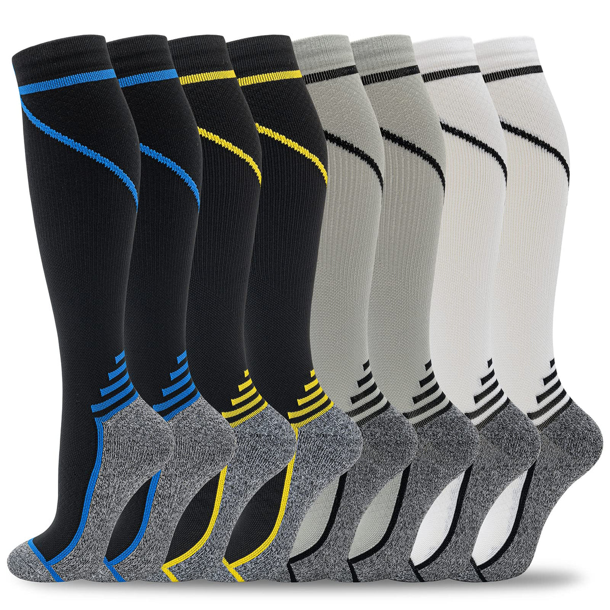 fenglaoda 8 Pairs Compression Socks for Men & Women 20-30 mmHg Knee High Nurse Pregnant Running Medical and Travel Athletic(L/XL,Multi01 )