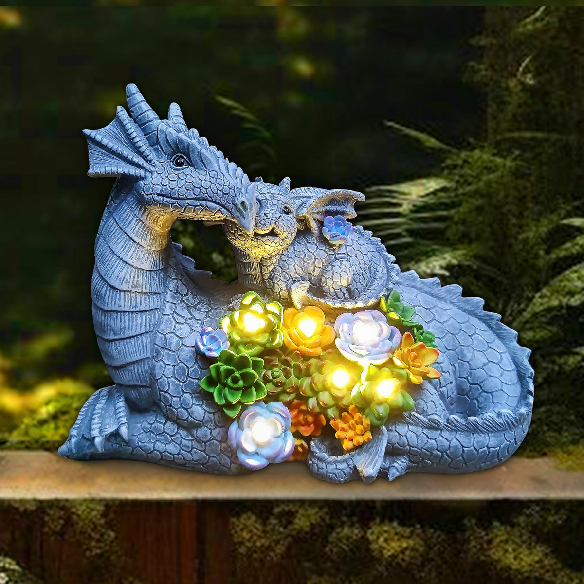 Yardancer Dragon Solar Garden Statues Outdoor Decoration with Succulent and 6 LED Lights,Dragon Figurine Solar Lights Lawn Décor,Outside Statue Ornament for Patio, Balcony, Yard,Unique Gift for Mom