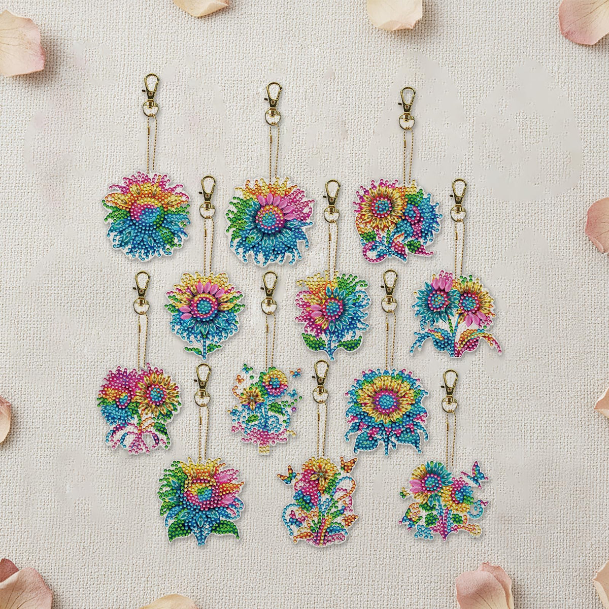 C'eitura 12-Pack DIY Colorful Sunflower Diamond Art Keychain Kits, Cute Keychains for Bags, Keys, Backpacks, Sparkling Art & Craft Gifts for Kids, Teens, Adults