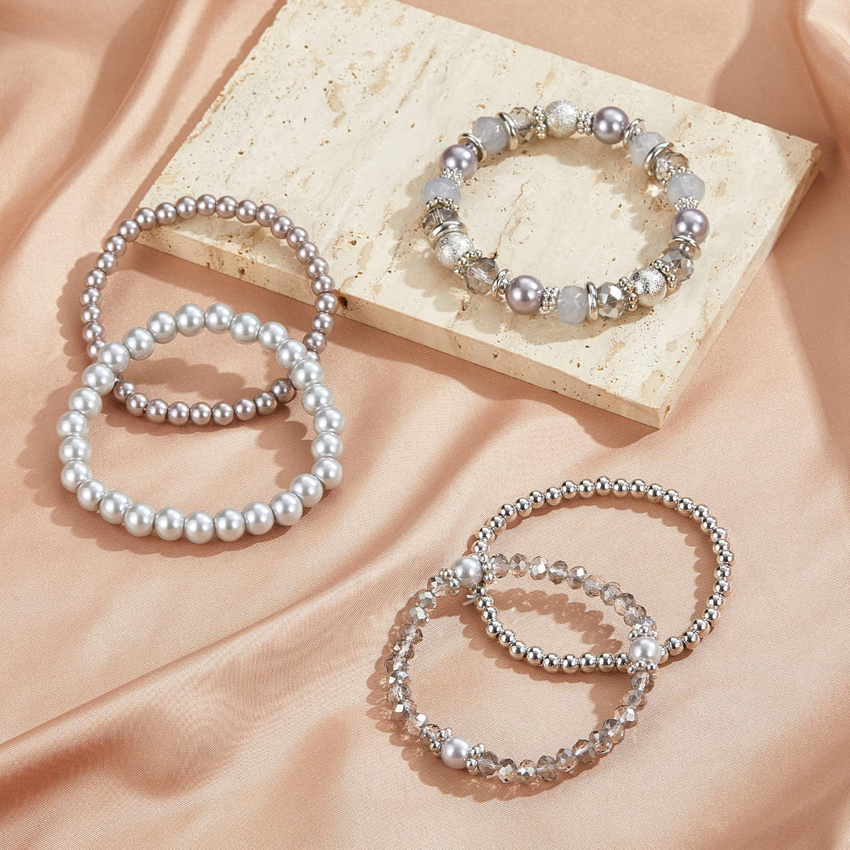 Noessla Beaded Pearl Stretch Bracelet Silver Stackable Crystal Beads Bracelets Trendy Costume Jewelry Mothers Day Gifts for Women(Grey)