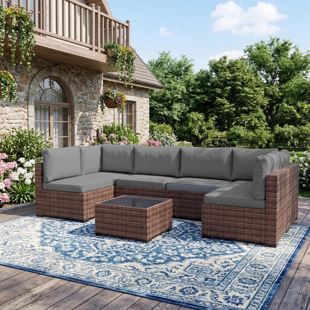 LHBcraft Patio Furniture Set with Rain Cover,7 Pieces Outdoor Wicker Rattan Patio Furniture, Wicker Rattan Outdoor Sectional Sofa Set with Coffee Table for Garden, Poolside Taupe-Grey