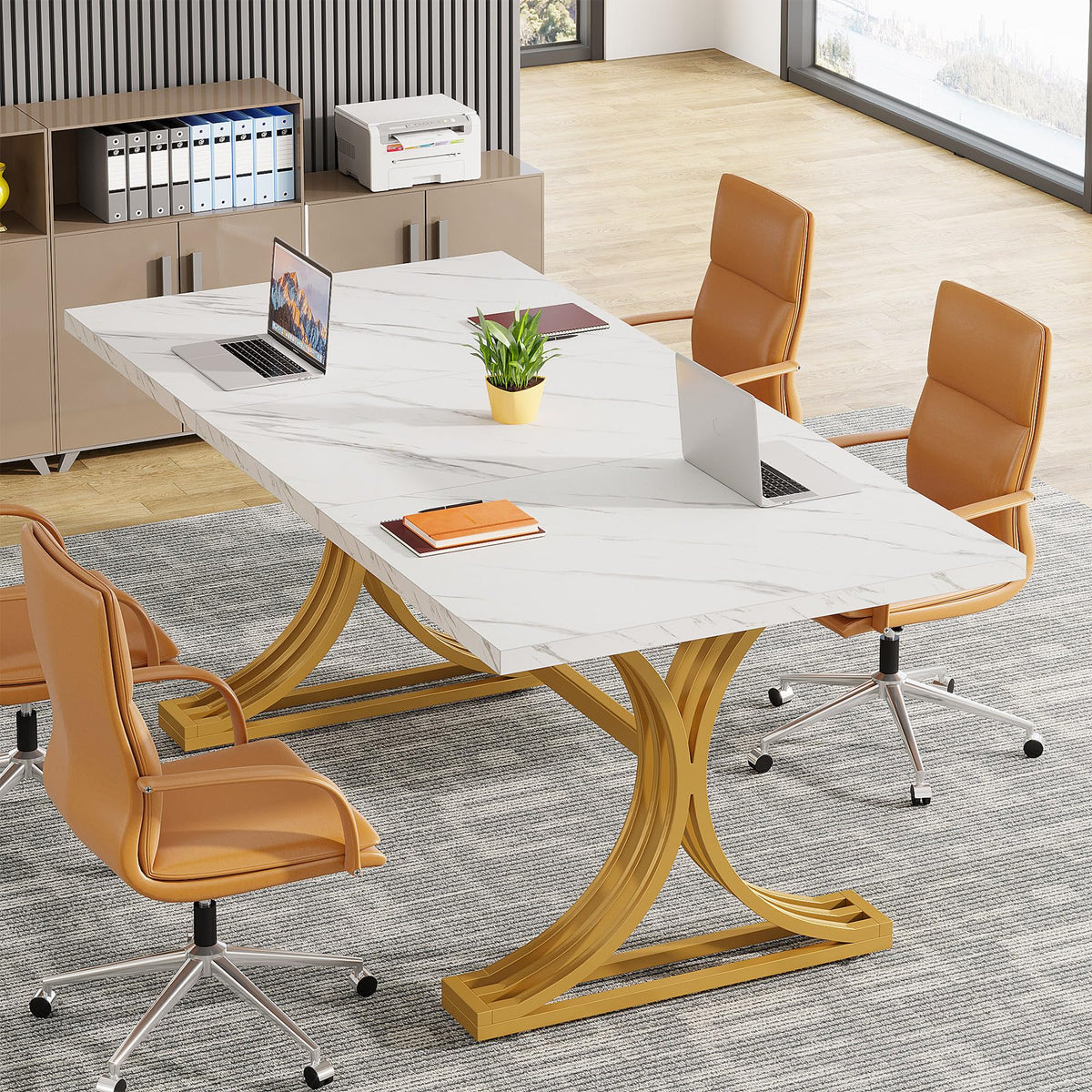 Tribesigns 10.5FT Conference Table, Modern Meeting Table for 8-10 People, Rectangle Seminar Boardroom Table for Office Conference Room with Stylish Legs (2, White + Gold)