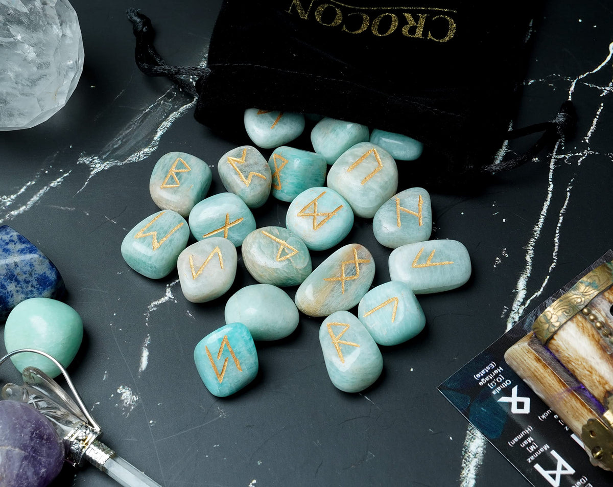 Crocon Amazonite Rune Stones Sets for Beginners with Elder Futhark Alphabets for Healing Chakra Crystals Reiki feng Shui Gemstone Runes Set Size: 15-20 mm with a Pouch & Rune brochure