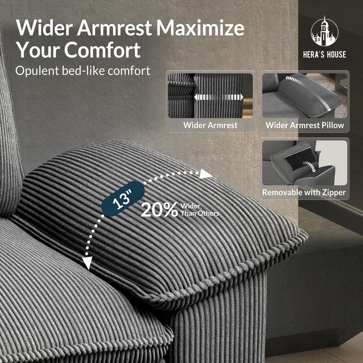 HERA'S HOUSE 158" Modular Sectional Sofa, Oversized U Shaped Couches for Living Room, Comfy Cloud Couch with Ottoman, 6-Seater Deep Seat Sofa with Throw Pillow, Corduroy Grey