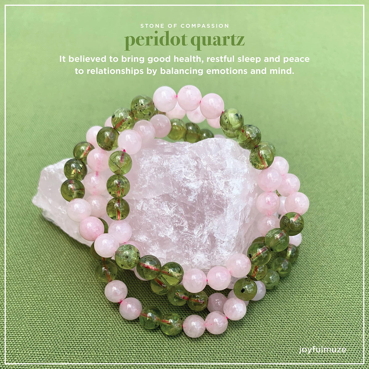 Joyfulmuze Handmade Stretch Bracelet Rose Quartz and Peridot, Natural Green Pink Stone, Simple Genuine Beaded Stretch Cuff 8mm, Healing Chakra Bracelet, Gifts for Women. 6.5-7 inch Wrist