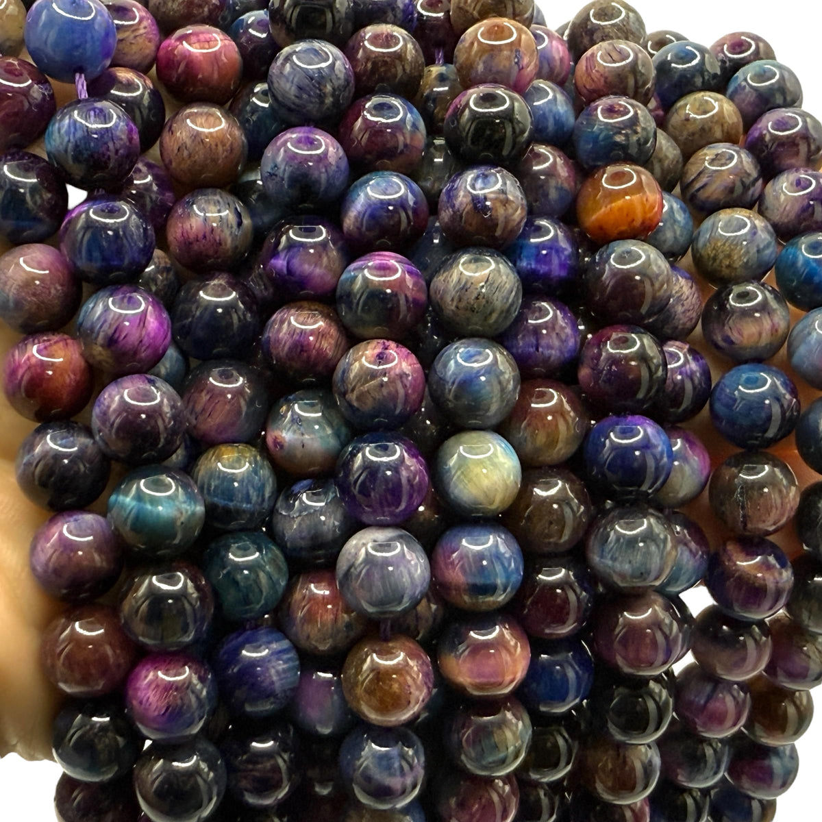 ABCGEMS High-Flash Galaxy Tiger Eye Beads from Africa (Blend of Blue & Purple Hues that Mimic The Beauty of The Galaxy) Smooth Round 10mm