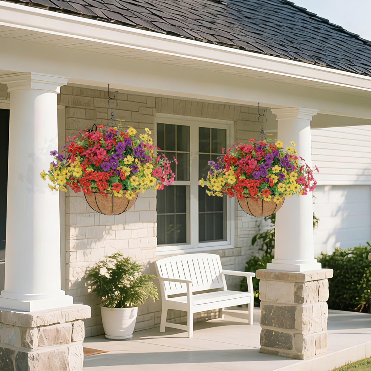 Senjie 2 Set Artificial Hanging Flowers with Basket for Outdoor Decor, UV Resistant 24 Bundles Faux Flowers Fake Hanging Planter for Porch Patio Balcony