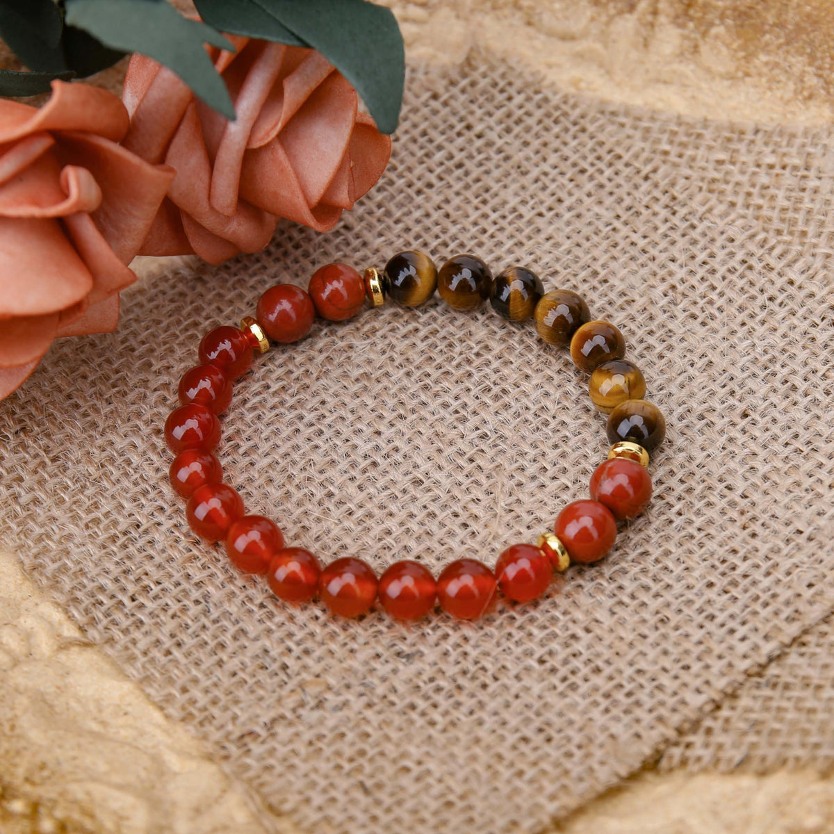BONNY BOXX Mixed 8mm Natural Stone Bracelet for Courage, Handmade Stretch Carnelian Tiger Eye Bracelet Adjustable Crystal Healing Jewelry for Unisex Spiritual Gift