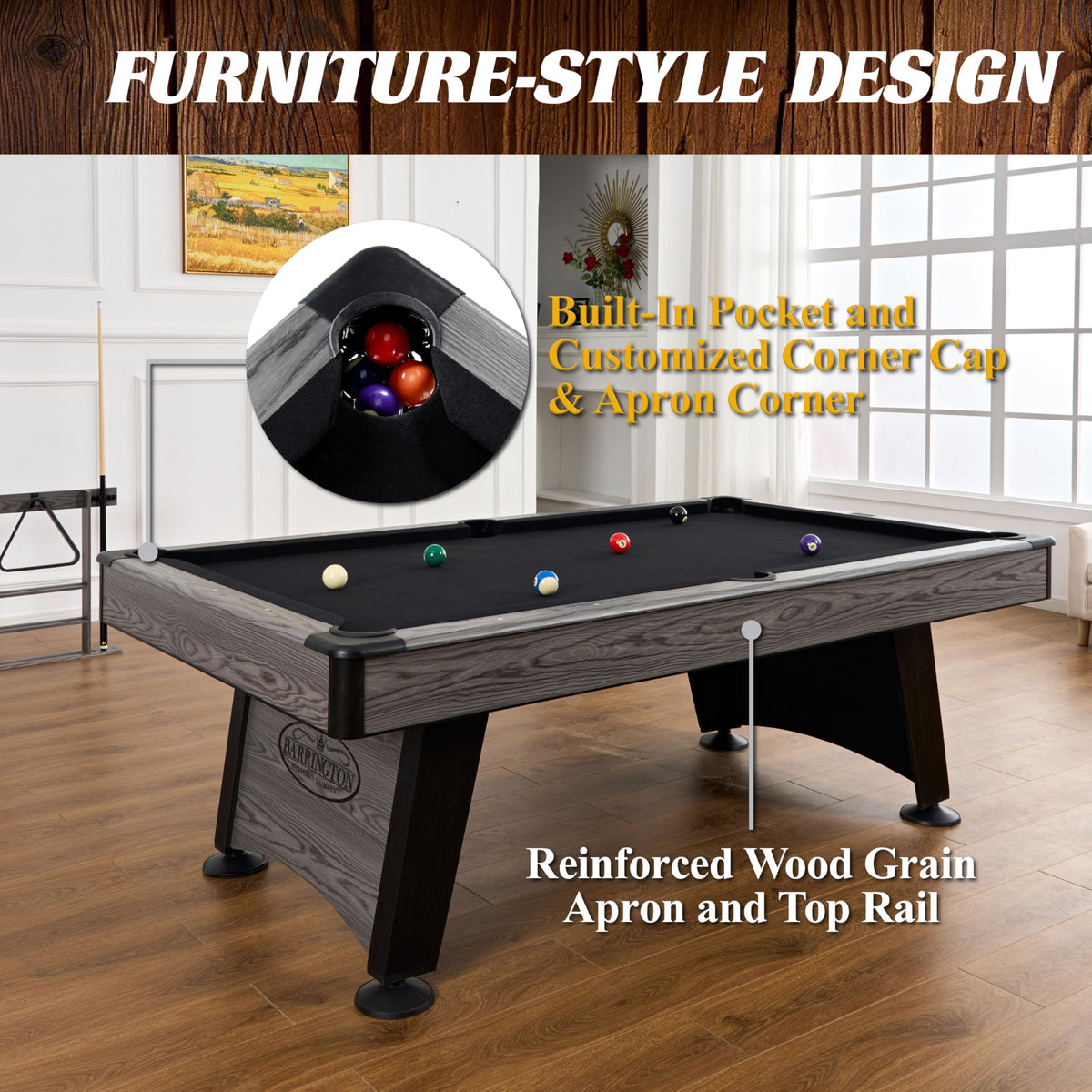Barrington Billiards Blackstone 7.5 Ft Pool Table with Black Velvet Cloth, Cue Rack, Balls, Cue Sticks for Family Game Room