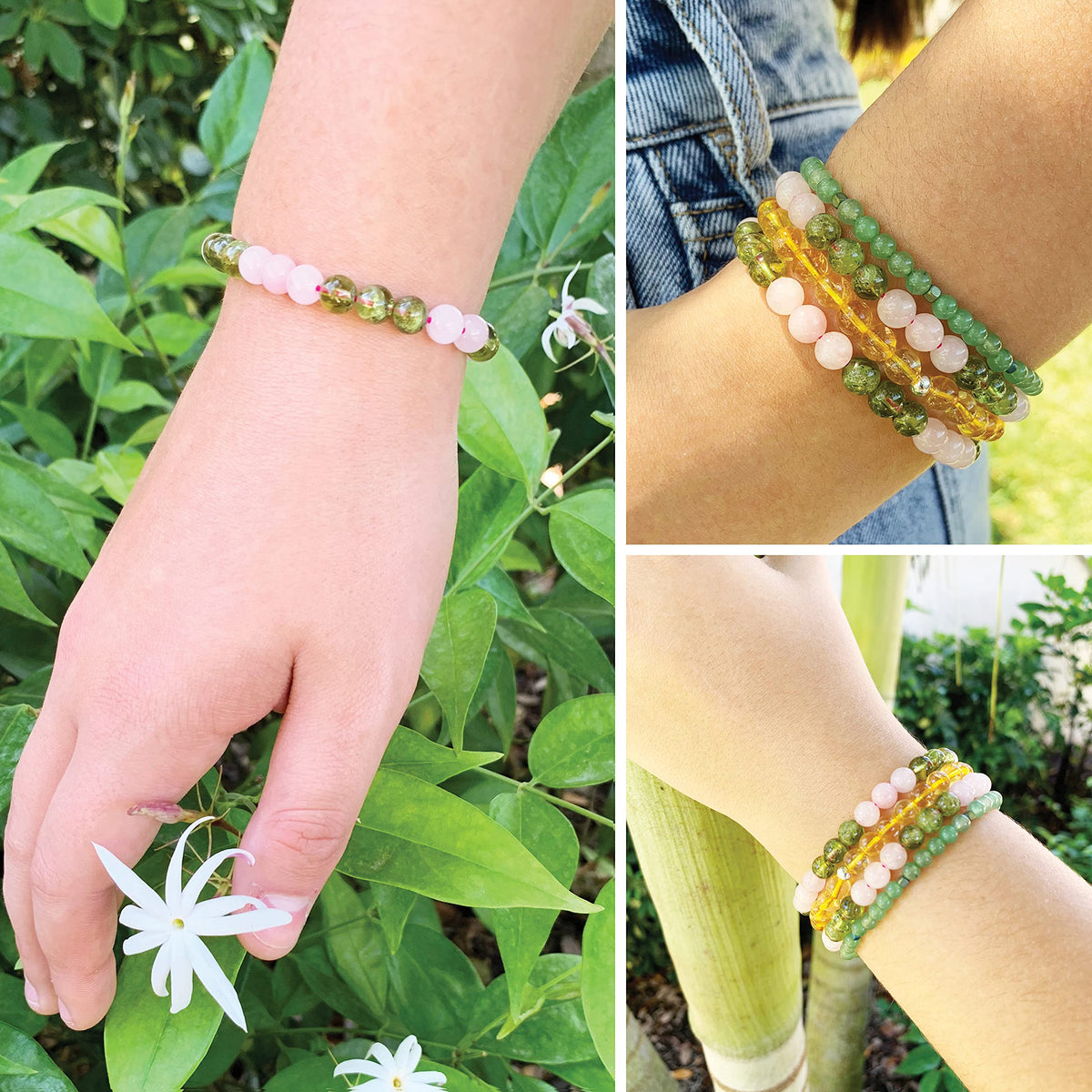 Joyfulmuze Handmade Stretch Bracelet Rose Quartz and Peridot, Natural Green Pink Stone, Simple Genuine Beaded Stretch Cuff 8mm, Healing Chakra Bracelet, Gifts for Women. 6.5-7 inch Wrist