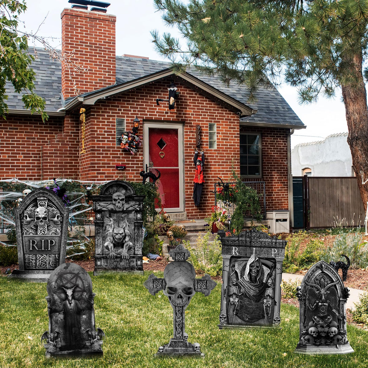 ontigola 16 Inch Halloween Graveyard Tombstones Prop Yard Stakes Signs 6 Styles Outdoor Headstones for Cemetery Halloween RIP Graveyard Tombstones Outdoor Props Yard Decorations with Stakes