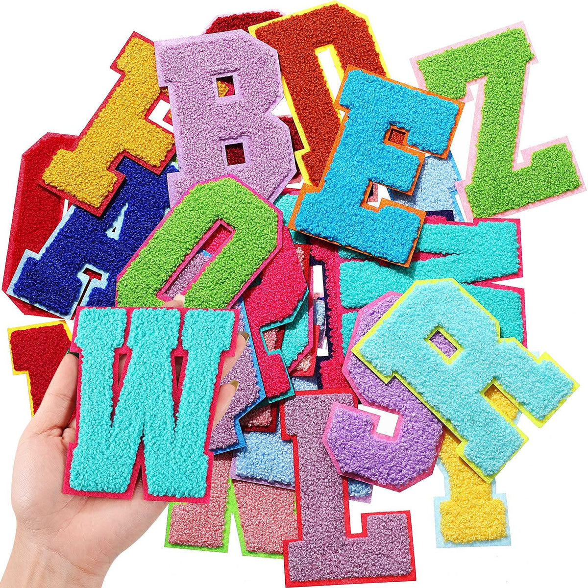 Waydress 26 Pcs Preppy Chenille Letter Iron on Letters Patches 4.5 Inch Self Adhesive, Sew on Chenille A-Z Alphabet Letter Patches for Clothing DIY Supplies(Vivid Style)
