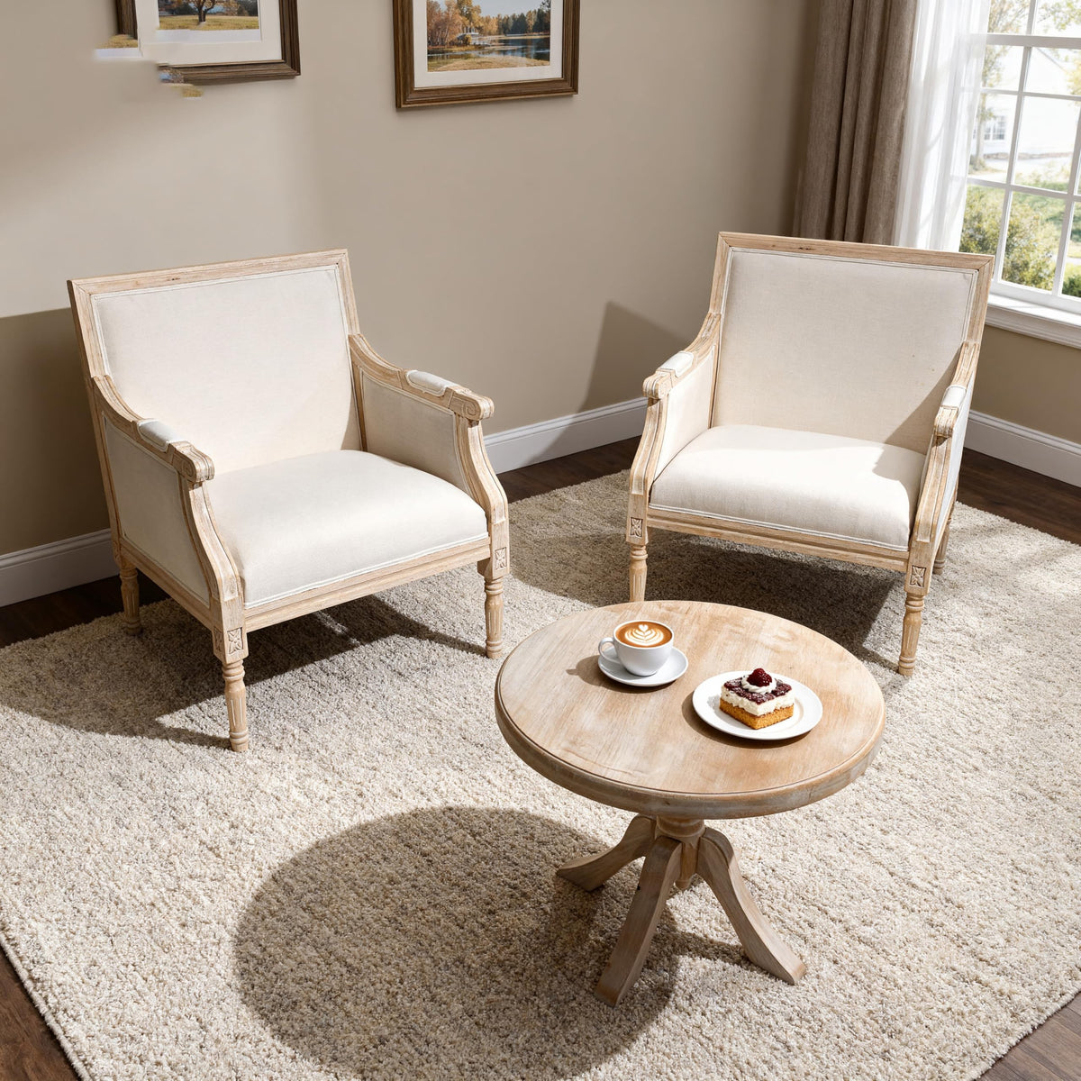 French Accent Chair(Single),Traditional Solid Wood Frame Armchair with Linen Upholstery,Distressed Antique Finish,Foam-Cushioned Seating for Living Room,Bedroom,Office,Reading Nook,Home Décor,Beige