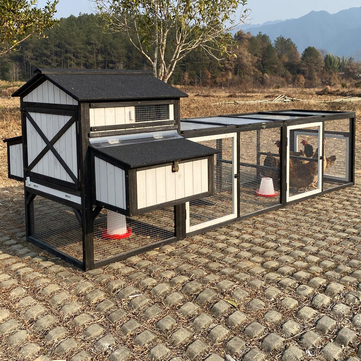 PetsCosset 116" L Large Chicken Coop and Run, Hen House with 4 Nesting Box Boxes, Rabbit Hutch Poultry Bunny Cage for 4-6 Chickens with 4 Perches, Removable Tray and Ramp and UV-Resistant Roof Panel