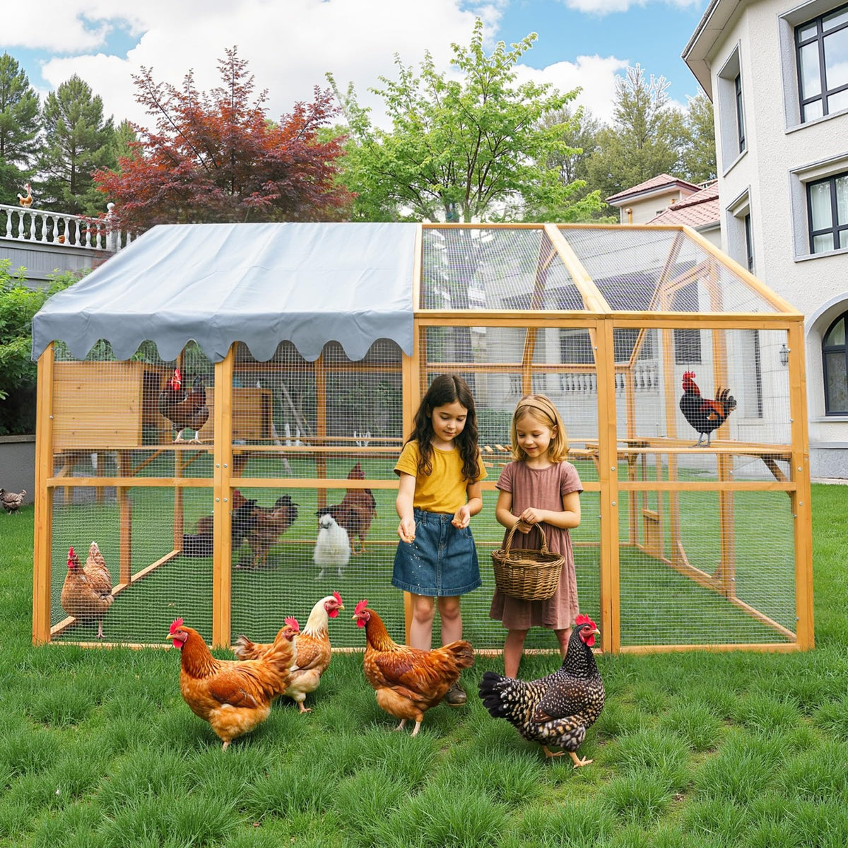 KEIKI 110"L Outdoor Large Chicken Coop with Waterproof Cover, Roosting Platform, Wire Mesh & 2 Lift Small Doors with Locks, Wood Chicken Coop House with Run for Cat Kitten Playpen, Duck, Rabbit, Quail