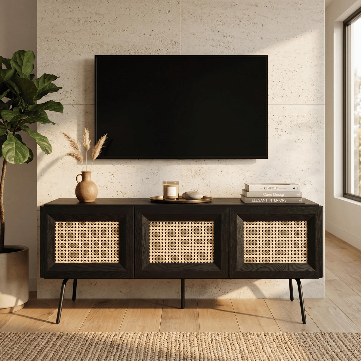 NTC Mossic TV Media Cabinet with 3 Doors for TVs, Entertainment Center with Natural Rattan, Metal Legs, Modern Storage Console for Living Room and Bedroom, Effortless Assembly, Burnt Black