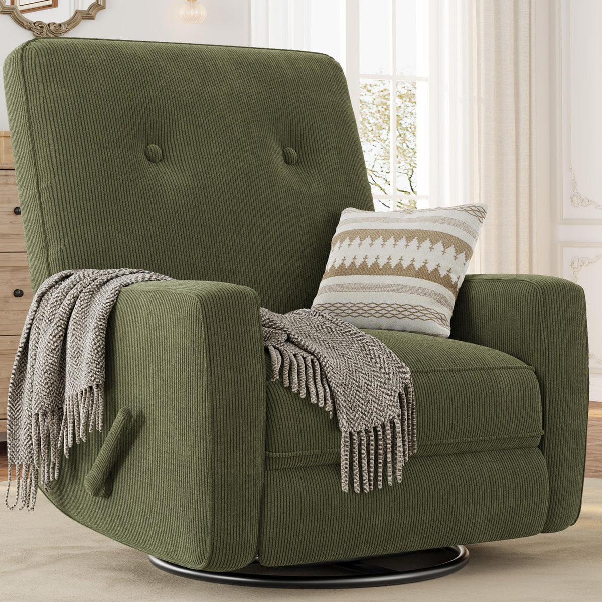 GarveeHome Recliner Chairs, Swivel Rocker Recliner, Glider Recliner Nursery Chair for Adults, 360° Swivel Glider Rocking Chair for Living Room, Bedroom, Office, RV, Small Spaces, Corduroy, Green