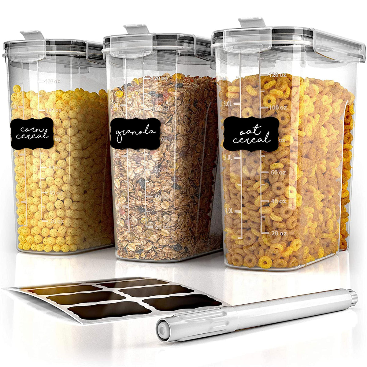 Simply Gourmet Airtight Cereal Containers with Lids – 3 Piece Tall Kitchen Pantry Organization Set, BPA-Free Clear Plastic, Pour Spout Lids for Breakfast Cereal, Rice, Flour, Sugar, Snacks