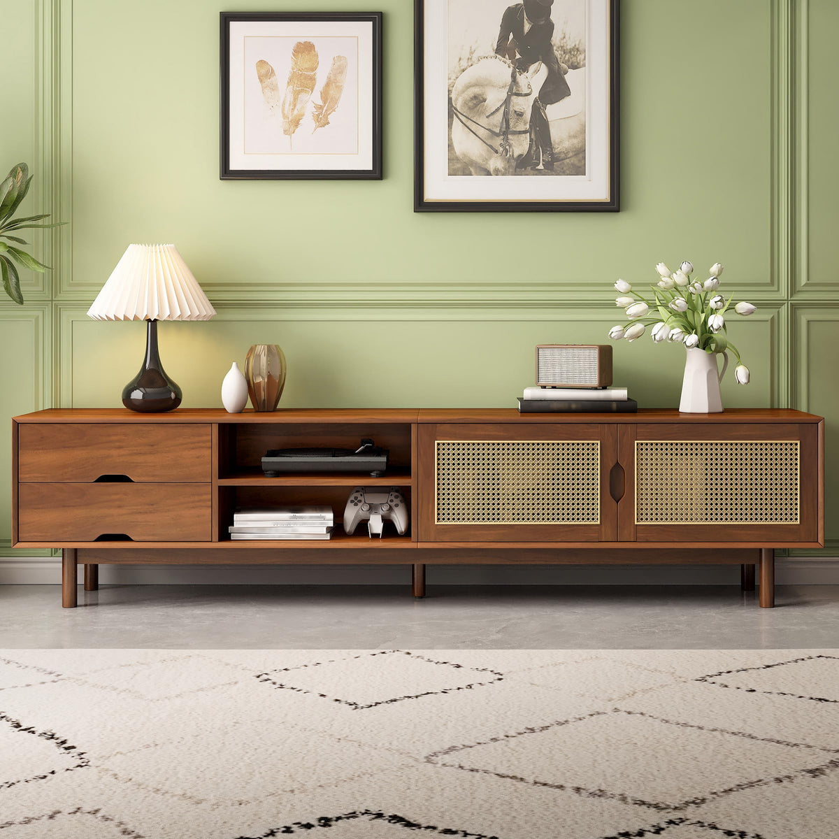 Merax Rattan TV Stand 78 Inch for 85 Inch TV, Modern Media Console with 2 Drawers, Wood Entertainment Center with Solid Wood Legs for Living Room