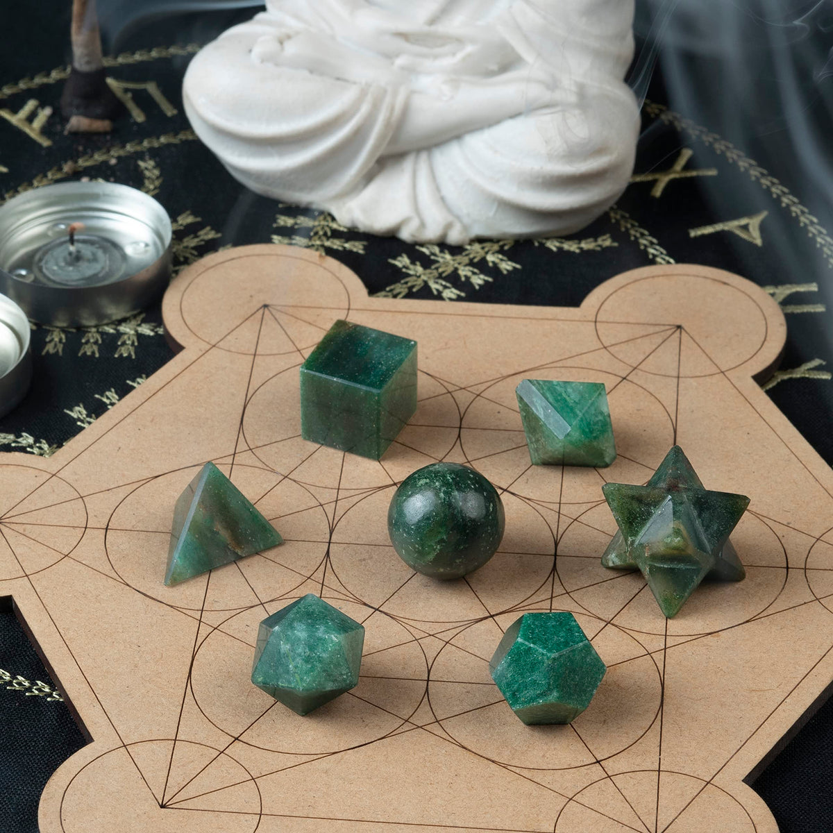 ZAICUS Green Mica Platonic Solids Crystal Set – 7 Sacred Geometry Stones for Meditation, Reiki, Chakra Healing & Energy Balancing, Spiritual Decor & Good Luck Gift (15–20 mm)