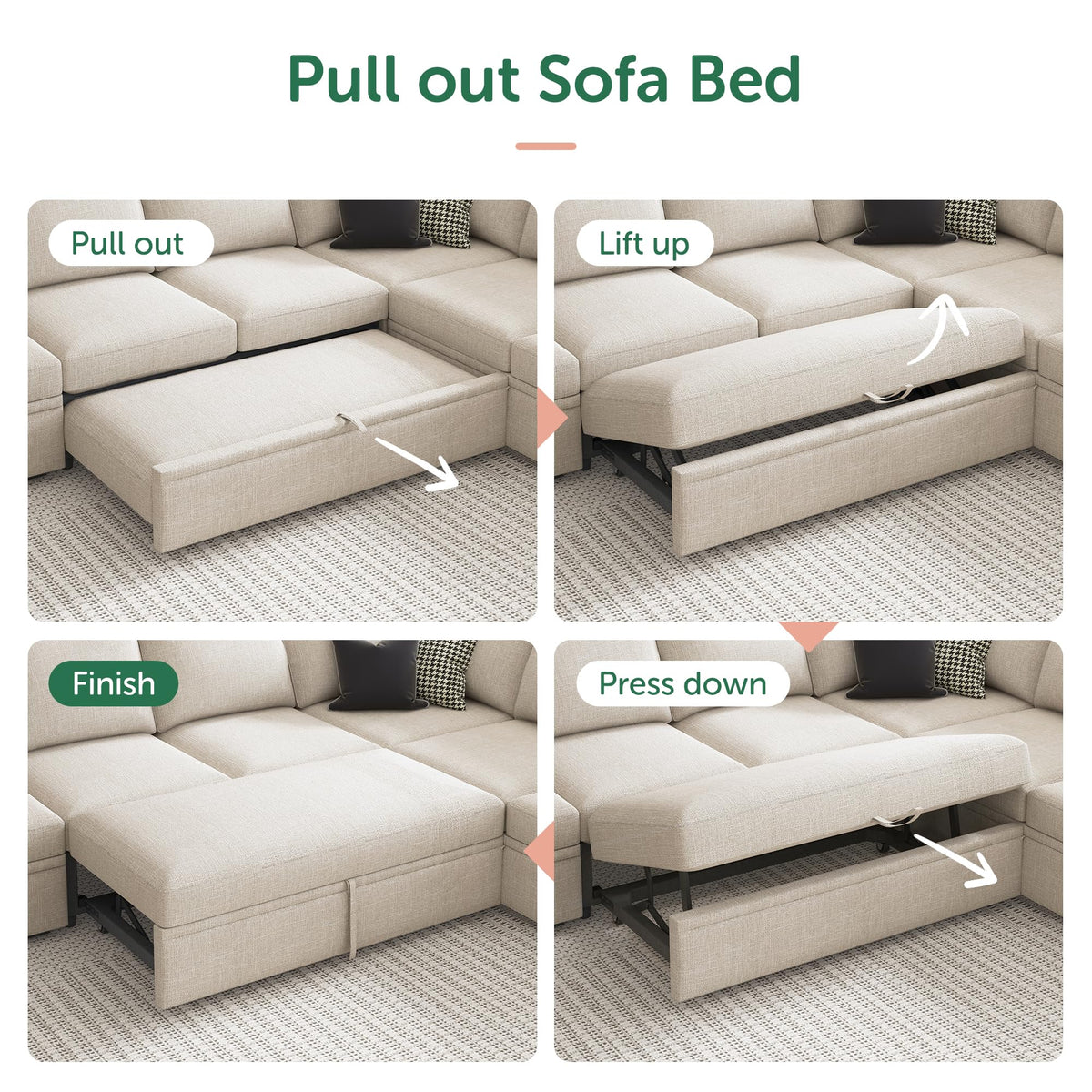 HONBAY Modular Sectional Sleeper Sofa Bed, Sectional Couch with Pull Out Bed U Shaped Modular Couch with Storage Ottoman for Living Room, Beige