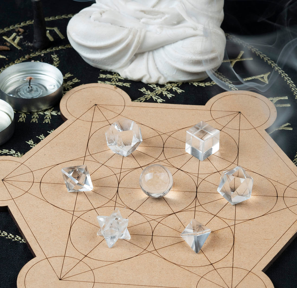 Crocon Clear Quartz 7 Pcs Platonic Solid Sacred Stones Geometry Set for Reiki Healing Chakra Stone Balancing Crystal Cleansing Spiritual Money Good Luck Decor Size: 15-20 mm
