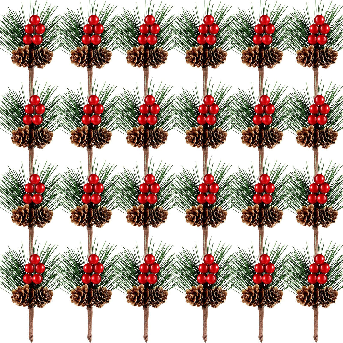 WILLBOND 24 Pieces Christmas Floral Picks, Artificial Pine Picks Christmas Pine Needles Branches with Berry Pinecones Fake Berries for Flower Arrangements Wreaths Xmas Tree Decoration(Red)