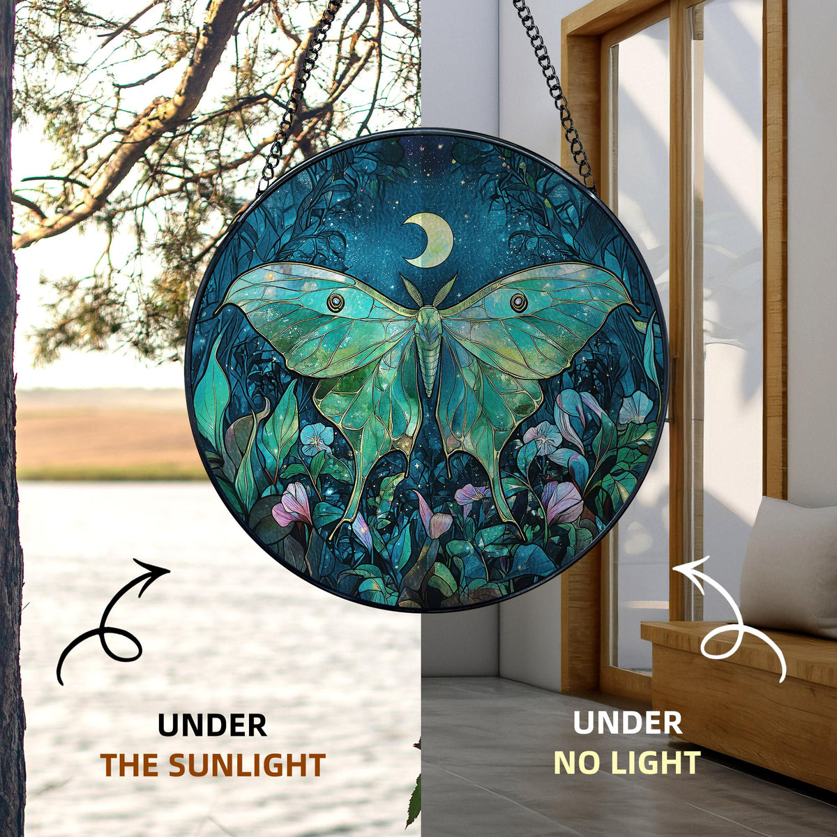 MORDMODUCK Luna Moth Flower Stained Glass Window Hanging, Green Moth Butterfly Suncatchers, Butterfly Wildflower Sun Catchers Indoor Window Glass Wall Art Hanging Decorations, 7.9x7.9in