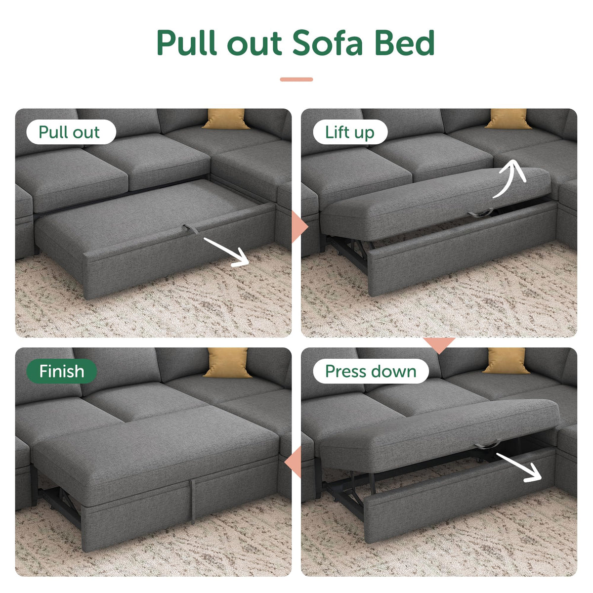 HONBAY Modular Sectional Sleeper Sofa Bed, Sectional Couch with Pull Out Bed U Shaped Modular Couch with Storage Ottoman for Living Room, Dark Grey
