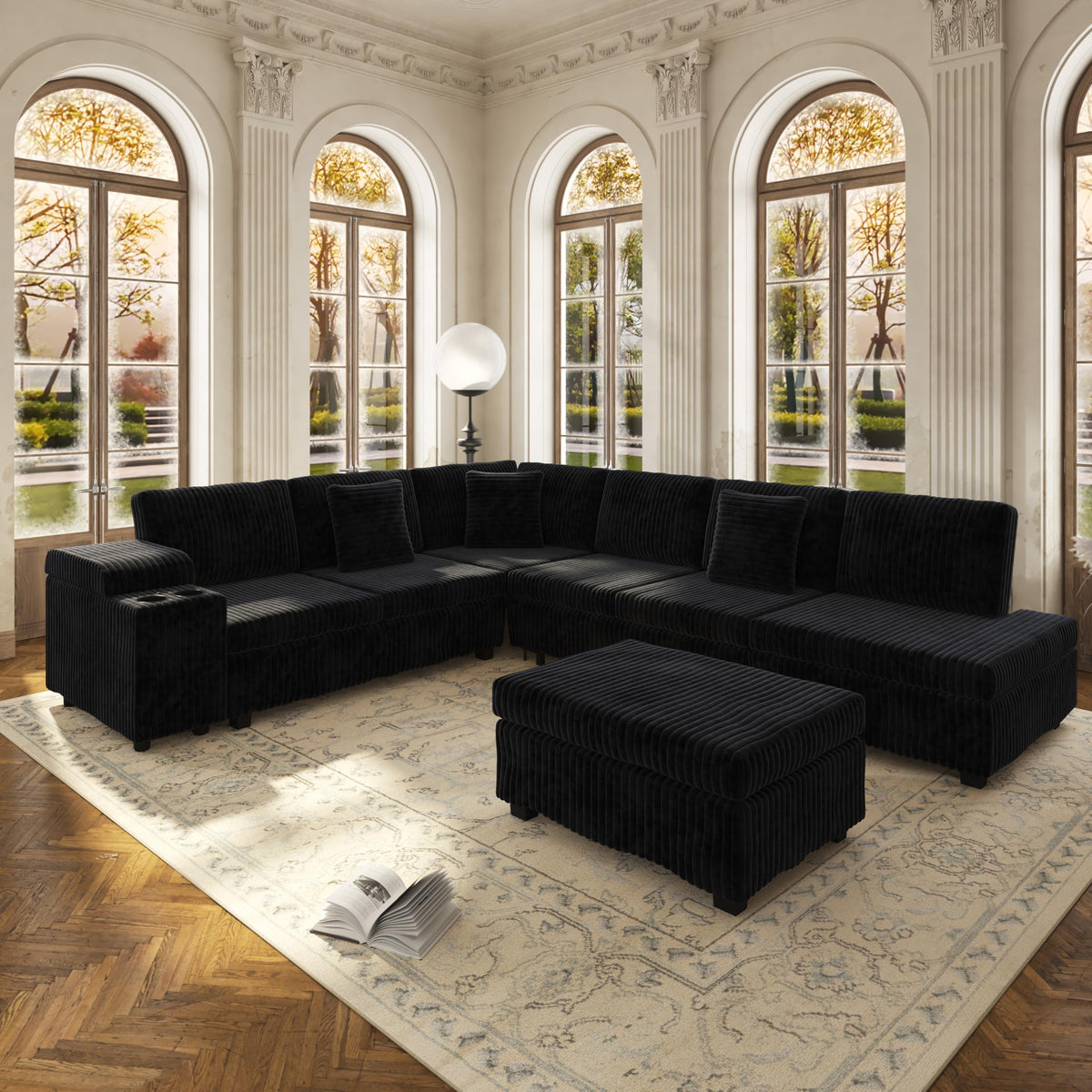 KEIKI 110" L-Shaped Oversized Plush Corduroy Modular Sectional Sofa with Pull-Out Bed, Convertible 6-Seater Sleeper Couch Bed with 1 Ottomans & USB & Cup Holders, Easy Assembly, for Living Room, Black