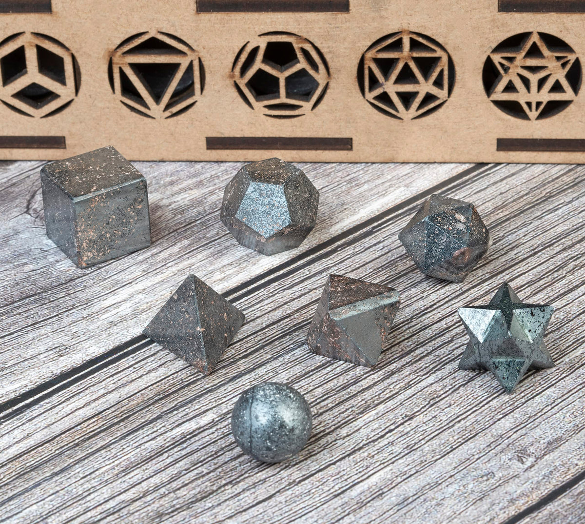 Crocon Hematite 7 Pcs Platonic Solid Sacred Stones Geometry Set for Reiki Healing Chakra Stone Balancing Crystal Cleansing Spiritual Money Good Luck Decor Size: 15-20 mm