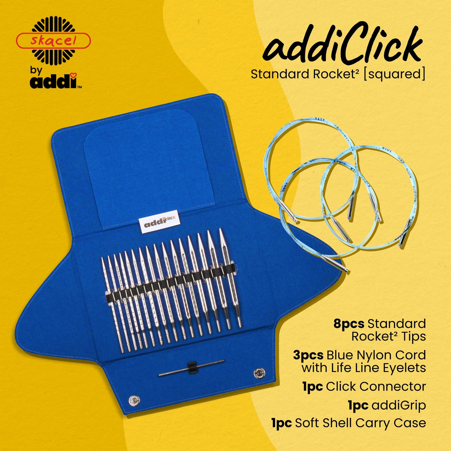 skacel by addi addiClick Interchangeable Knitting Needles Set, Circular Needle Kit with Standard Rocket 2 (Squared) Plated Brass Tips and Nylon Cords