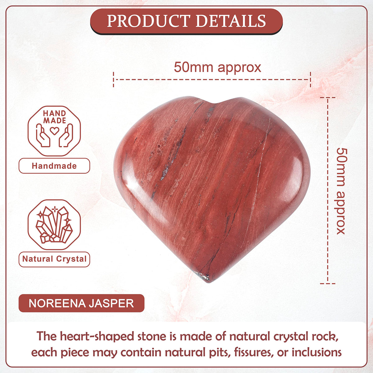 Crocon 50mm Noreena jasper Heart Stone Big Heart Shape Puff Stones Set 450+ Carats Pocket Crystal Healing Tumble Collection Palm Worry Stone Good Luck Charm Meditation Gift Craft Home Decor