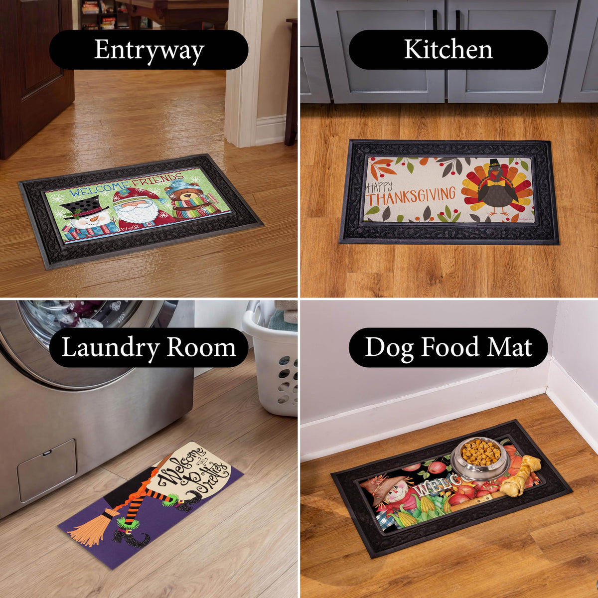 Evergreen Sassafras Fall Christmas Holiday Doormat Insert Bundle & Tray Set of 5, Interchangeable Entrance Door mats Indoor and Outdoor Welcome Mat 30 x 18 Tray Non Slip Backing Low Profile