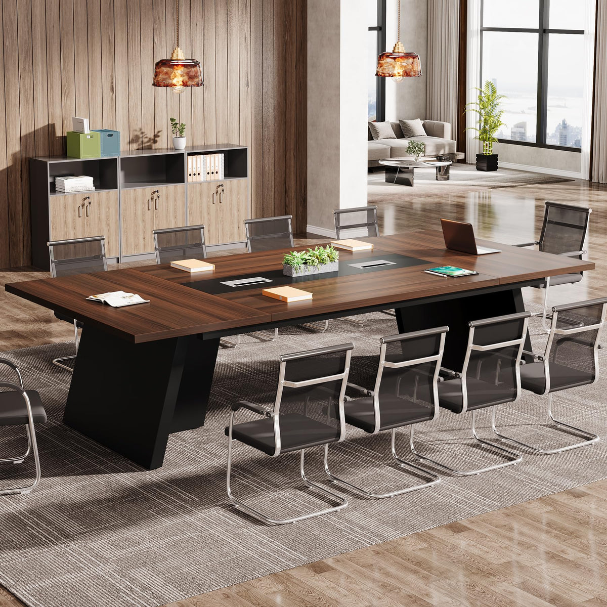 Tribesigns 8ft Conference Table, Large Meeting Table for 8-10 People, Business Seminar Furniture for Office Conference Room, Walnut & Black (4, Walnu+ Black)