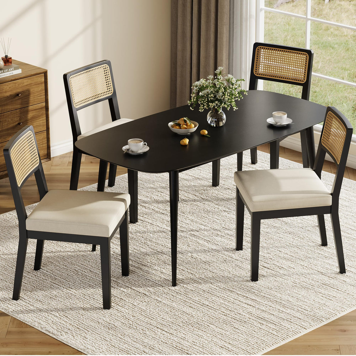 Garvee Rattan Dining Chairs Set of 4, French Country Upholstered Dining Chairs Wood Frame, Rattan Backrest, Armless Chair for Kitchen Restaurant Dining Room Bedroom, Linen, Black