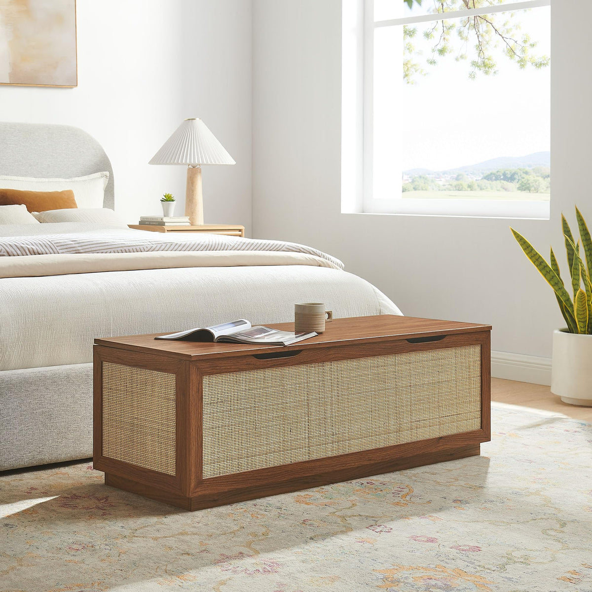Modway Soma Rattan Storage Bench in Walnut – Faux Cane Flip-Top Low Profile Storage Ottoman for Bedroom, Entryway, or Living Room
