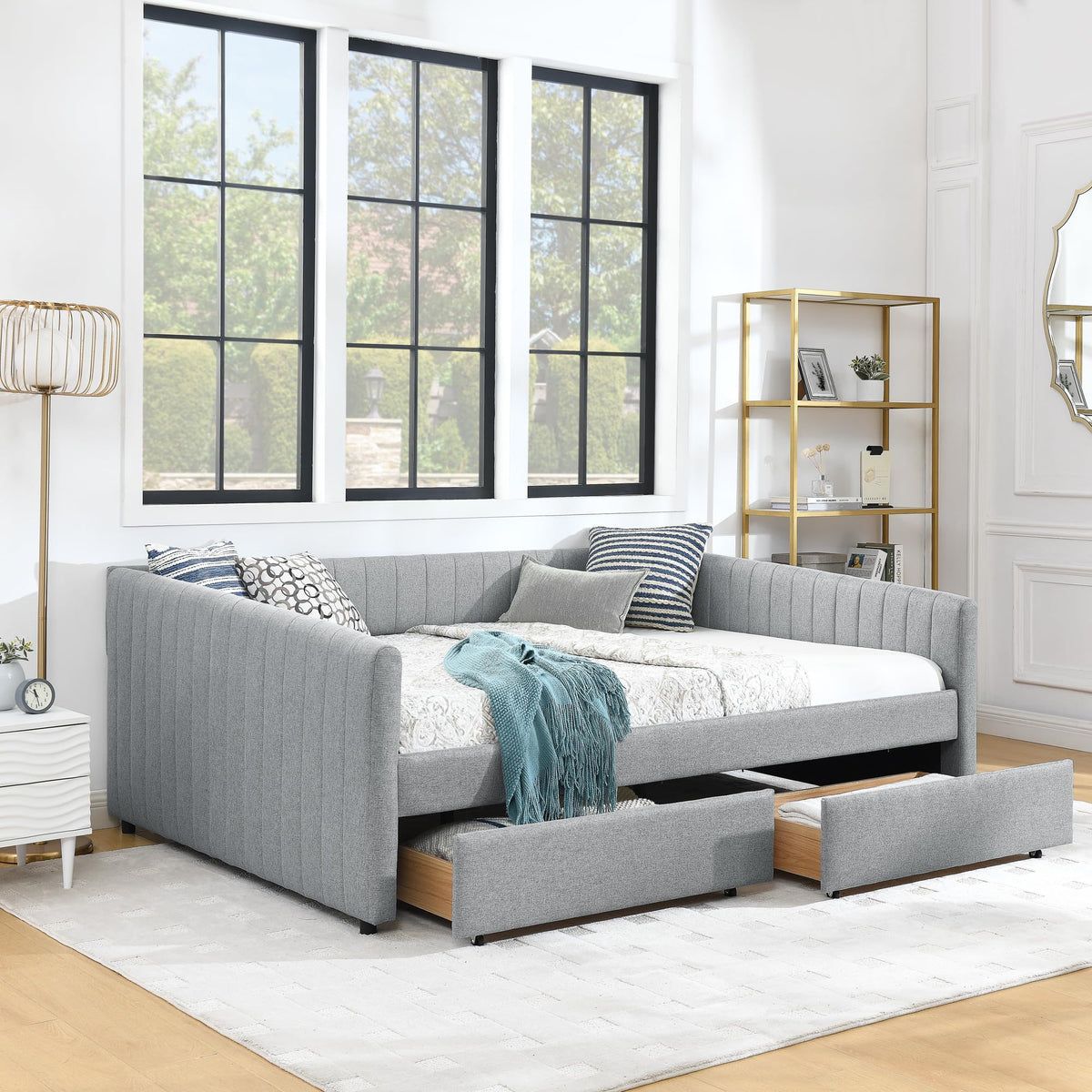 Ball & Cast Queen Size Daybed with Storage Drawers, Linen Upholstered Sofa Bed with Channel Tufted Backrest, Day Bed Frame with Wood Slats Supports, No Box Spring Needed,Grey
