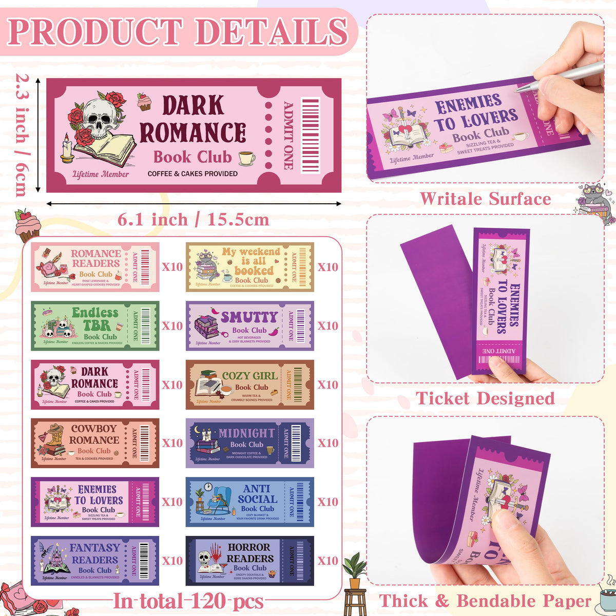Laffact 120Pcs Funny Book Club Ticket Bookmark, Cowboy Romance Reading Tracker, Dark Romance Horror Anti Social Fantasy Readers Accessories Supplies Bookish Gifts Page Clip for Women Men Book Lover
