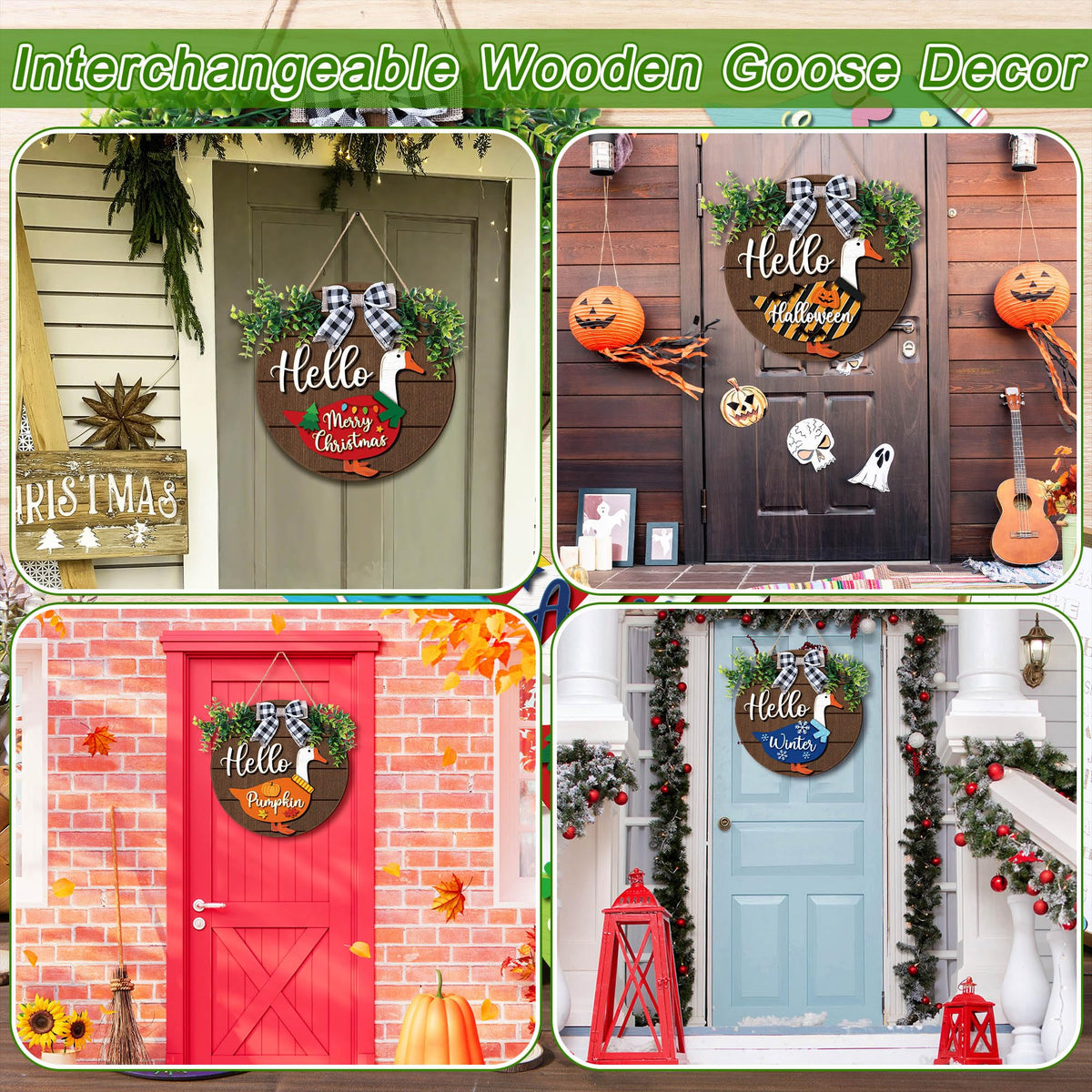 Weysat 13 Pcs Interchangeable Wooden Goose Decor, 11.8 Inch Holiday Seasonal Welcome Changeable Hello Geese Signs Rustic Farmhouse Front Door Round Wreaths Hanging Decorations for Porch Home Outdoor