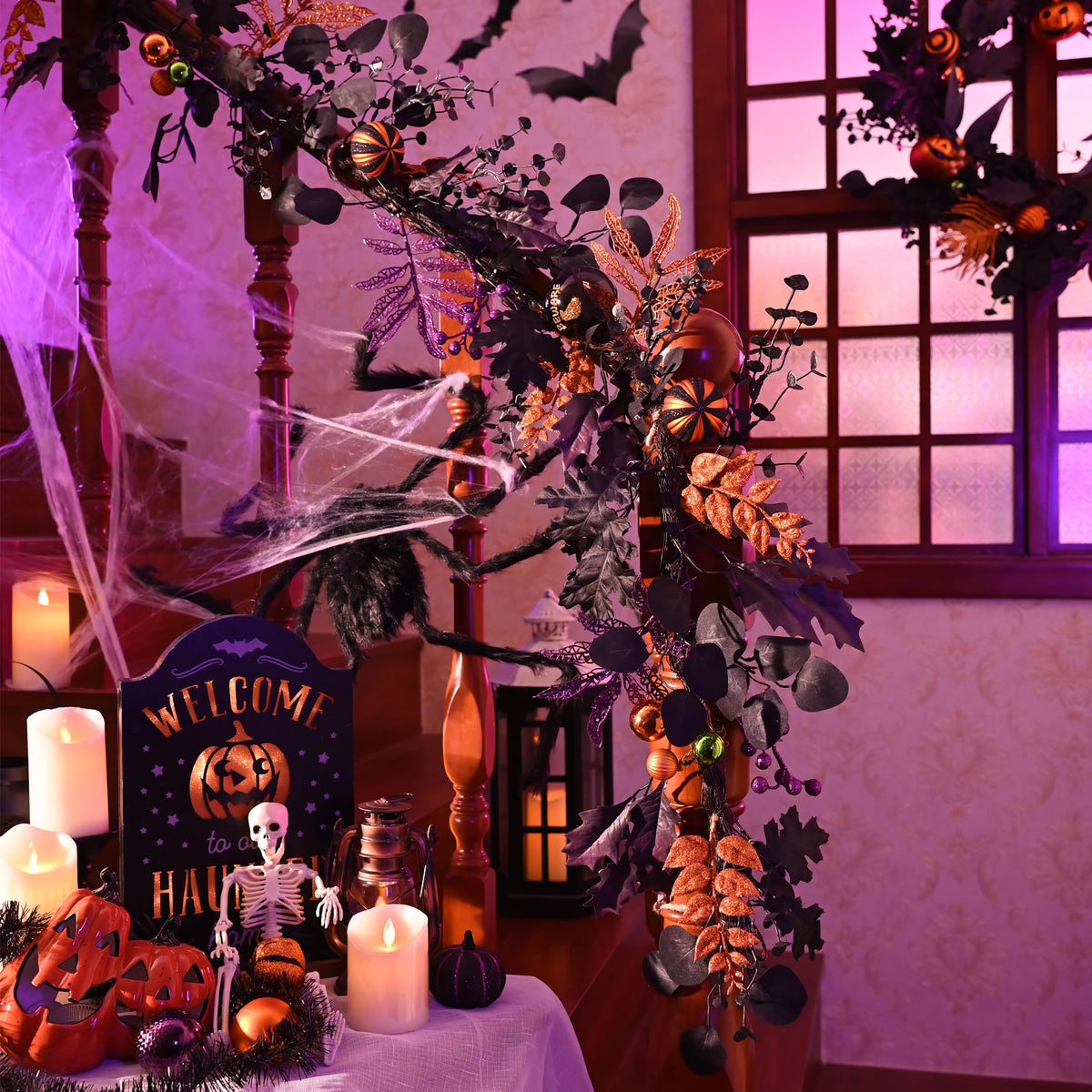 Valery Madelyn Halloween Garland for Mantel with Lights, 6 Feet Pre-Lit Jack-o'-Lantern Pumpkins and Ball Garland Decorations for Table Centerpiece Mantle Indoor Stair Home Decor