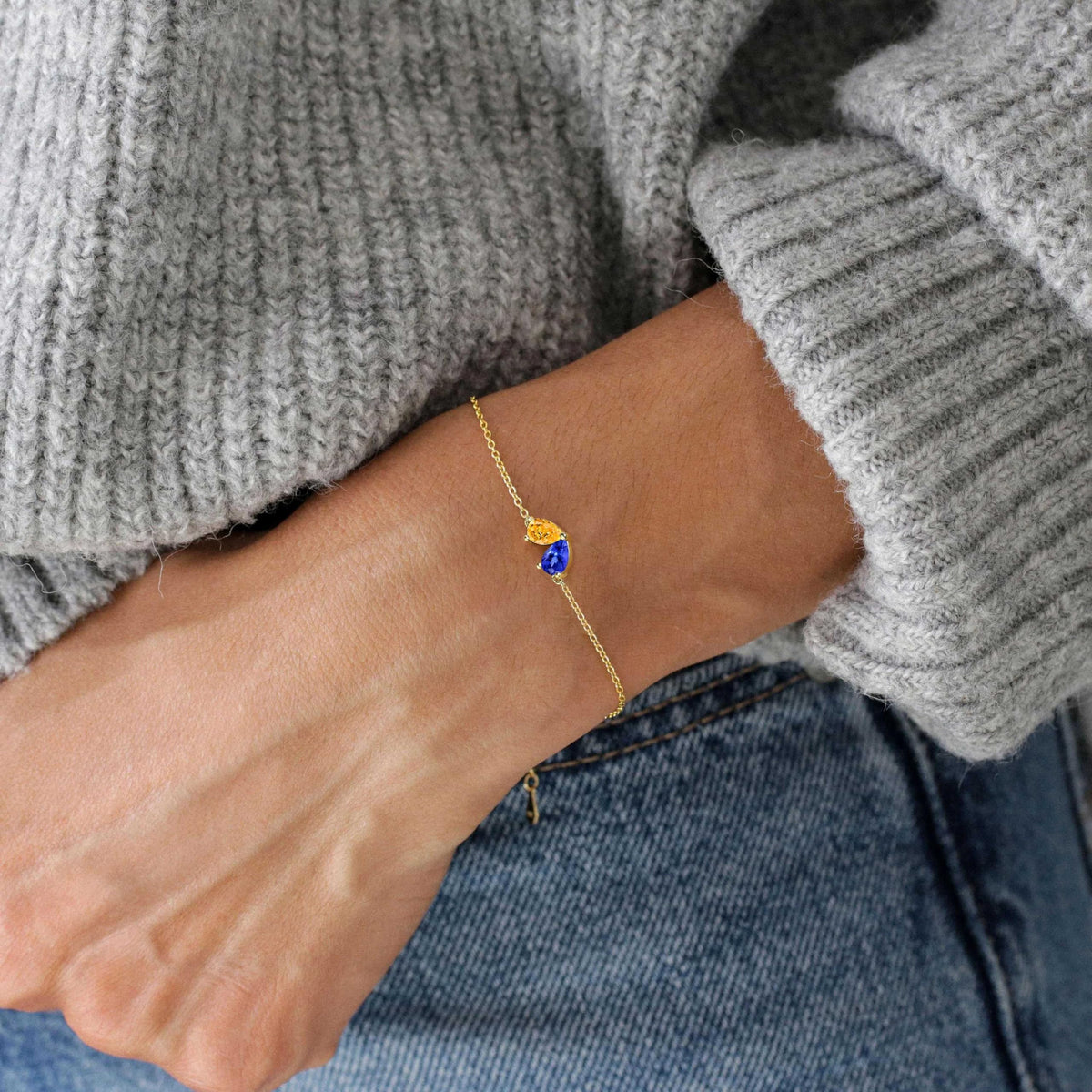 Turandoss May December Birthstone Bracelet for Women - Created Emerald, Tanzanite Bracelet Pear Birthstone Bracelets for Women, 14K Dainty Gold Plated Bracelets for Women Girls Jewelry Gifts