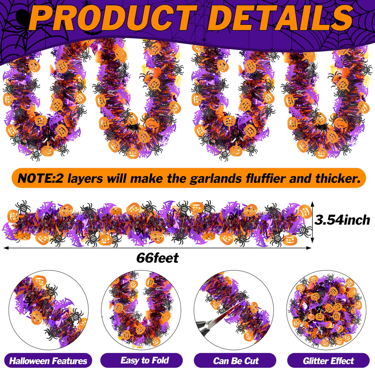 66 Ft Halloween Tinsel Garland, Purple Black Orange Glitter Tinsel Garlands with Pumpkin Bat Spider Metallic Twist Hanging Streamers Decoration for Halloween Party Home Indoor Outdoor Decor Supply