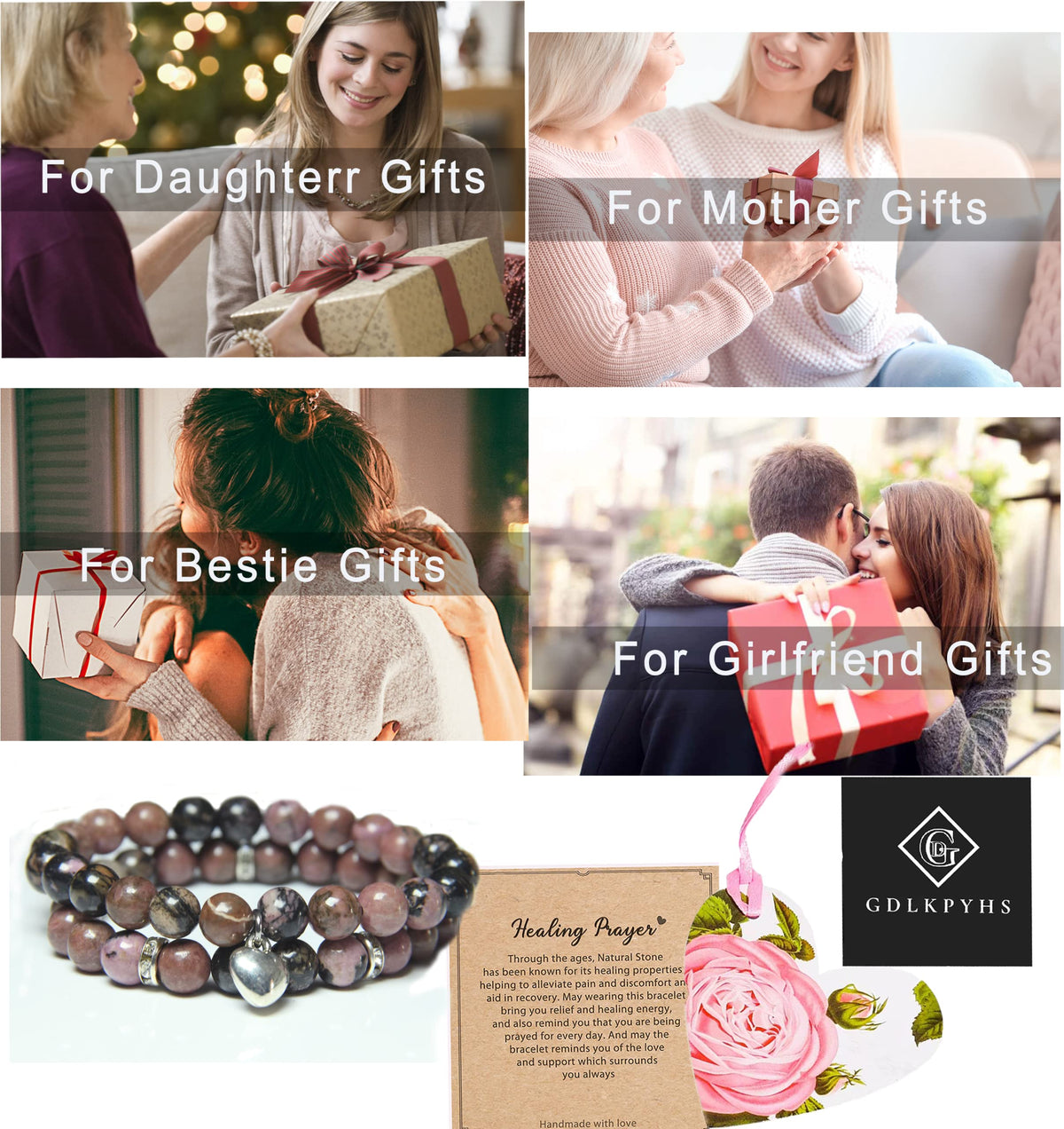 GDLKPYHS Healing Bracelets for Women - Rhodonite Bracelet - Healing Prayers Crystal Bracelet, 8mm Natural Stone Stress Relief Yoga Beads Get Well Soon Gifts