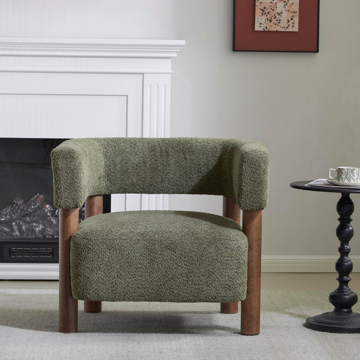 Christopher Knight Home Carly Low Profile Accent Chair, Round Backrest Side Chair, Living Room Armchair with Boucle Fabric Cushion,Comfy Reading Chair for Bedroom,Wooden Single Lounge Sofa,Olive Green